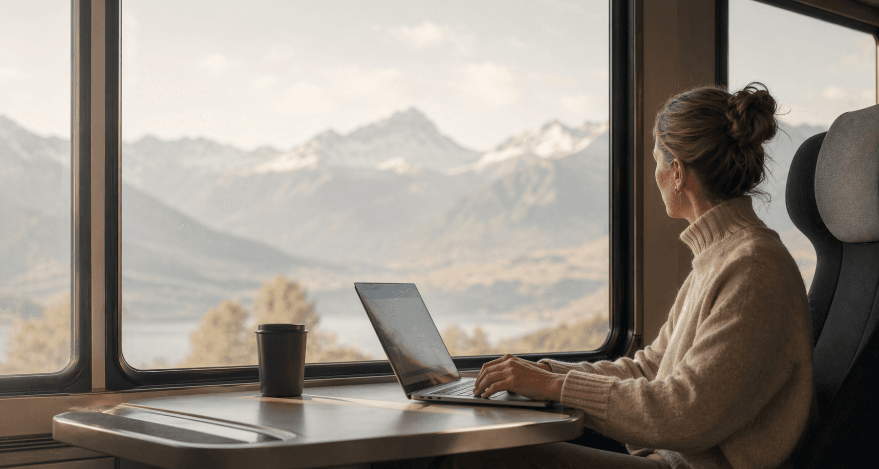 Frau arbeitet im Zug am Laptop und blickt auf Berge