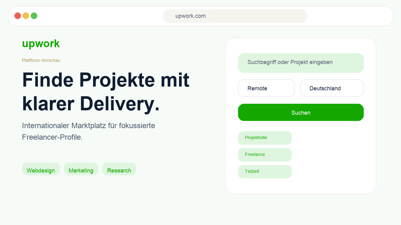 Vorschau einer Freelancer-Plattform mit Suchfeld und Projektkategorien